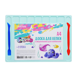 Доска для лепки "Pastel" A4 (280x200 мм) пластиковая толщиной 4 мм, 2 стека в комплекте и отделения для пластилина, цвета пастельное ассорти, индивидуальная упаковка