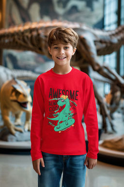 Lacivert Erkek Cocuk Hayvan Desenli Bisiklet Yaka Pamuklu Orme T-Shirt TKDAW25TS00009