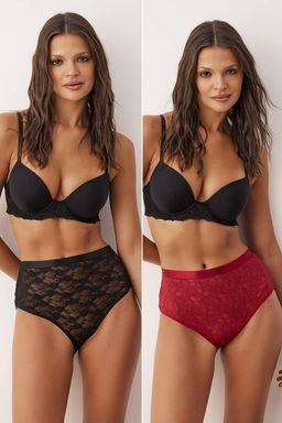 Siyah-Bordo 2li Dantel Hipster Lastikli Duz Hipster Kulot THMAW26KU00008