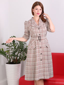 Платье в стиле ретро на пуговицах с поясом - Almond фото 3