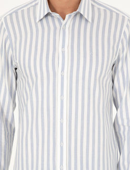 Синяя рубашка узкого кроя в полоску из смесового хлопка - Cacharel фото 6