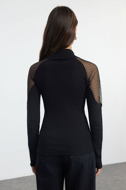 Siyah Tul Garni Detayl? Fitted/Vucuda Oturan Fitilli Esnek Orme Bluz TWOAW25BZ00169 - Trendyolmilla фото 5