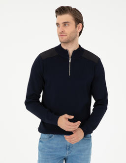 Lacivert Regular Fit Fermuarl_ Dik Yaka Triko Kazak