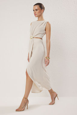 TRENDYOLMILLA Yag Yesili A Kesim Cut Out ve Aksesuar Detayl? Maxi Dokuma Krep Elbise TWOSS25EL00017 фото 2