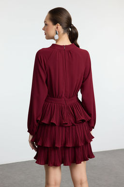 Bordo Skater/Belden Ac?lan Piliseli Dik Yaka Mini Dokuma Elbise TWOAW25EL00253 - Trendyolmilla фото 5