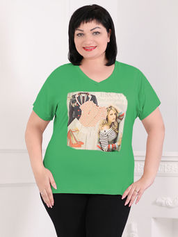 Футболка изумрудная из хлопка с рисунком женская