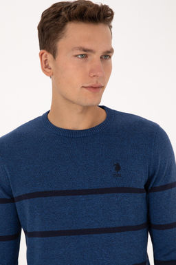 Erkek Slim Fit Bisiklet Yaka _izgili A__k Lacivert Kazak - U.s. polo assn фото 2