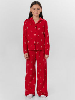 Комплект для девочек красный с новогодним принтом