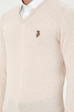 Erkek Slim Fit V Yaka Krem Melanj Basic Kazak