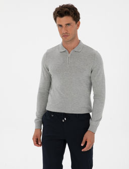 Gri Melanj Slim Fit Polo Yaka Fermuarl_ Basic Triko Kazak
