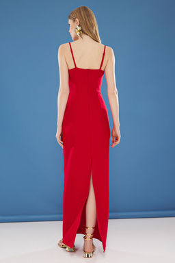 TRENDYOLMILLA K?rm?z? A-Kesim Cicek Aplike Detayl? Straplez Dokuma S?k Maxi Abiye Elbise TPRSS25AE00077  фото 6