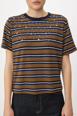 Kahverengi Cizgili Regular/Normal Kal?p Aksesuar Detayl? Tok %100 Pamuk Orme T-Shirt TWOSS26TS00121 - Trendyolmilla фото 3