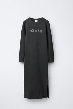 LONG RIBBED DRESS WITH RHINESTONE TEXT