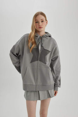 Толстовка на молнии с капюшоном и принтом Cool Oversize - Defacto фото 5
