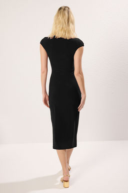 TRENDYOLMILLA Bordo Ay Kol Drapeli Vucuda Oturan Esnek Midi Orme Elbise TWOSS25EL00369  фото 10