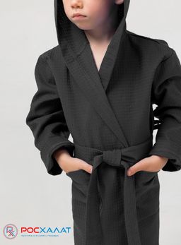 Детский вафельный халат с капюшоном черный В-07 (27)