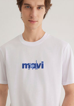 Mavi Kedi Bask?l? Beyaz Tisort