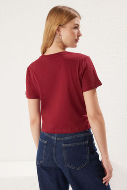 Bordo-Ac?k Sar? 2li Paket %100 Pamuk Crop Bisiklet Yaka Orme T-Shirt TWOSS20TS1480