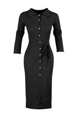 Trendyolmilla Siyah Vucuda Oturan Uzun Kol Polo Yaka Fitilli Dugmeli Esnek Midi Orme Elbise TWOAW23EL00115 фото 11