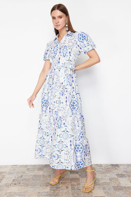 Mavi Genis Kesim Gomlek Yaka Maxi Dokuma Elbise TWOSS24EL00861