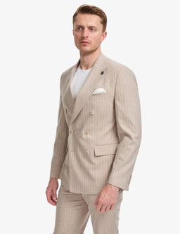 A__k Kahverengi Ex. Slim Fit Keten Kar___ml_ _izgili Kruvaze Tak_m Elbise
