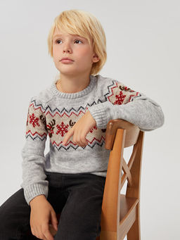 Bisiklet Yaka Desenli Uzun Kollu Erkek ?ocuk Triko Kazak