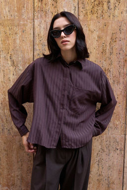 Kahverengi Cizgili Oversize Dokuma Gomlek TWOAW26GO00138