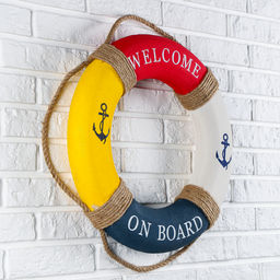 Декор настенный, панно спасательный круг с бечевкой Welcome on board, якоря, 7×50×50 см