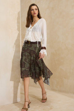 Cok Renkli Cicekli A-Kesim/Can Form Volanl?/F?rf?rl? Normal Bel Midi Tul Orme Etek TWOSS26ET00019