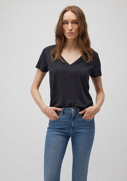 V Yaka Siyah Tisort - Mavi фото 2