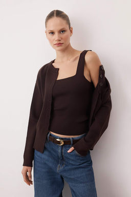 Kahverengi 2li Premium Iplik/Ozel Iplik Bisiklet Yaka Basic Triko H?rka-Bluz Tak?m TWOAW26HI00124