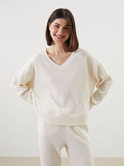V Yaka Kendinden Desenli Oversize Kad?n Pijama ?st?