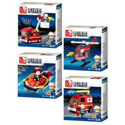 Конструктор SLUBAN 75 - 86 дет. "Пожарный: машина с вышкой/ машина с брандсбойтом/ катер/ вертолет" (M38-B0622/1/2/3/4) 4 вида по 8шт. в блоке
