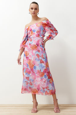 TRENDYOLMILLA Mint Cicekli Cut Out / Volan Maxi Dokuma Elbise TWOSS23EL02422