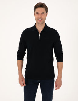 Siyah Slim Fit K_vr_lmaz Fermuarl_ Polo Yaka Basic Pike Sweatshirt