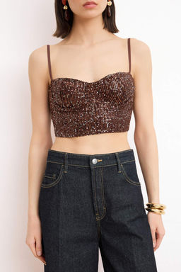 Kahverengi Payet Vucudu Saran Crop Party Bluz TPRSS26BZ00014