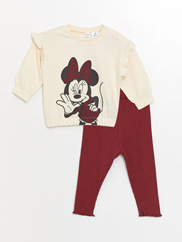 Bisiklet Yaka Uzun Kollu Minnie Mouse Bask?l? K?z Bebek Sweatshirt ve Tayt 2li Tak?m