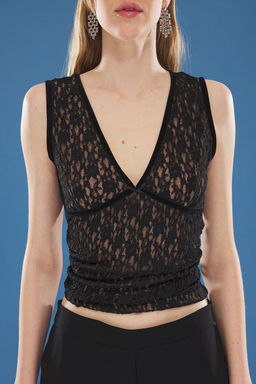 Trendyolmilla Siyah Dantel Fitted/Vucuda Oturan Kontrast Astar Detayl? Esnek Orme Bluz TWOSS25BZ00233  фото 3