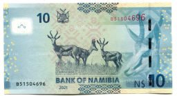 Банкнота 10 долларов 2021 года Намибия