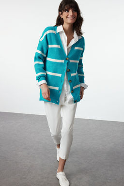 Ac?k Mavi Genis Kal?p Yumusak Dokulu Cizgili Triko H?rka TWOAW23HI00191 - Trendyolmilla фото 2