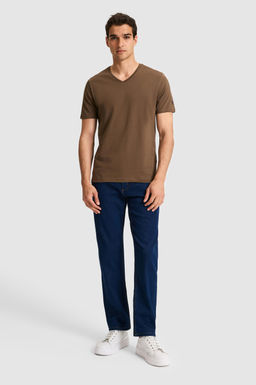Erkek Regular Fit V Yaka Kahverengi Basic Ti__rt