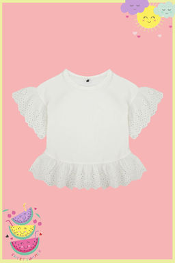 Ekru K?z Cocuk %100 Pamuk Brode Detayl? K?sa Kol Orme T-Shirt/Bluz TKDSS24TS00008 - Trendyolmilla фото 6