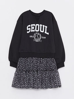 Bisiklet Yaka Bask?l? Uzun Kollu K?z ?ocuk Elbise