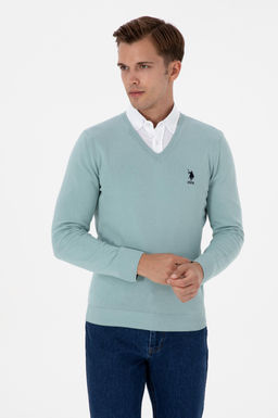 Erkek Slim Fit V Yaka Mint Basic Kazak