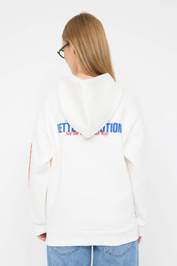 Teen Ekru Oversize/Genis Kal?p Slogan Bask?l? Kal?n Ici Polarl? Orme Sweatshirt TWOAW26SW00163 - Trendyolmilla фото 4