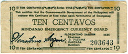 Банкнота 10 сентаво 1943 года Филиппины (Минданао, Администрация США)