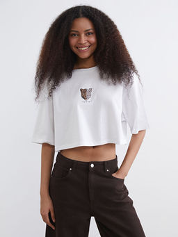 Bisiklet Yaka Leopar Bask?l? Oversize Kad?n Crop