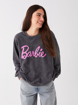 Bisiklet Yaka Barbie Bask?l? Uzun Kollu Oversize Kad?n Sweatshirt