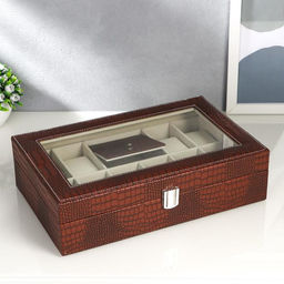 Шкатулка кожзам под часы 8 отделений и бижутерию Рептилия кофейная матовая 9,5х33х20 см