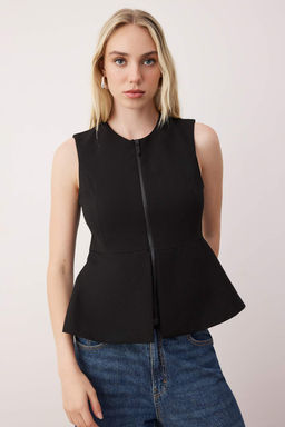 Sustainable Siyah Fermuarl? Peplum Dokuma Yelek TWOAW26YE00053 - Trendyolmilla фото 5